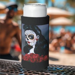 Elegant Red Roses Gothic Sugar Skull Woman Seltzer Can Cooler