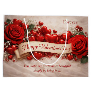 Elegant Red Roses & Hearts Valentine’s Day Large Gift Bag
