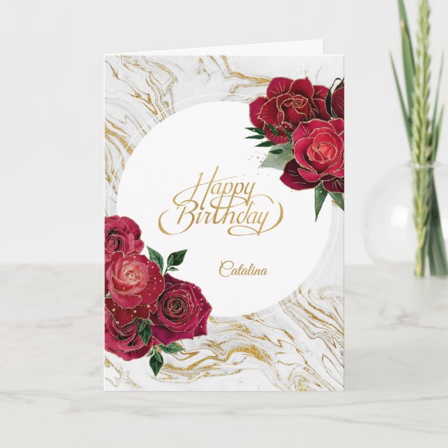 Elegant Red Roses Marble Personalised Birthday Card (Front)