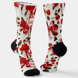 Elegant red roses ribbons bows monogram socks