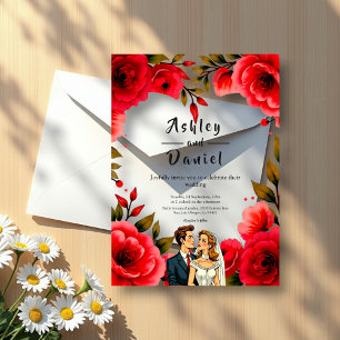 Elegant Red Roses Romantic Couple Floral Wedding Acrylic Invitations