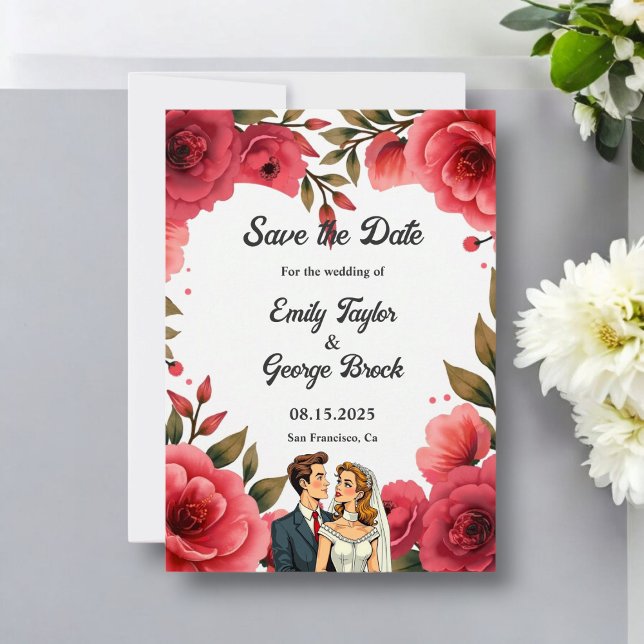 Elegant Red Roses Romantic Couple Floral Wedding Save The Date (Creator Uploaded)