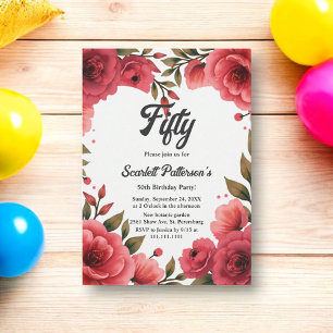 Elegant Red Roses Romantic Floral 50th Birthday Invitation