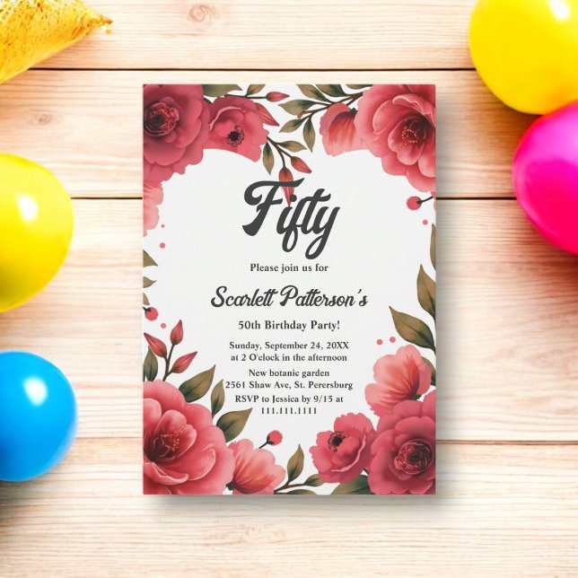 Elegant Red Roses Romantic Floral 50th Birthday Invitation (Creator Uploaded)
