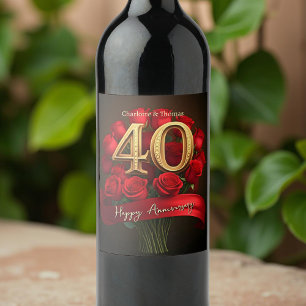 Elegant Red Roses Ruby 40th Wedding Anniversary  Wine Label