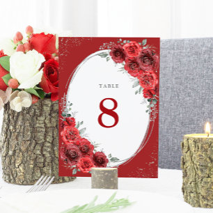 Elegant Red Roses Silver Floral Wedding Table Number