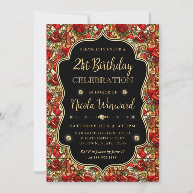 Elegant Red Roses Stained Glass 21st Birthday Invitation (Front)