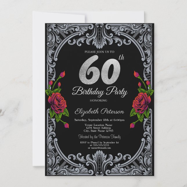 Elegant Red Roses Stripes Gothic 60th Birthday  Invitation (Front)