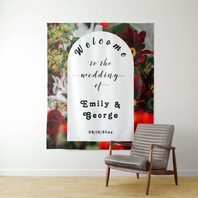 Elegant Red Roses Summer Floral Wedding Welcome Tapestry (In Situ)