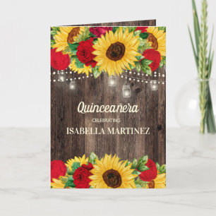 Elegant Red Roses Sunflowers Quinceañera  Card