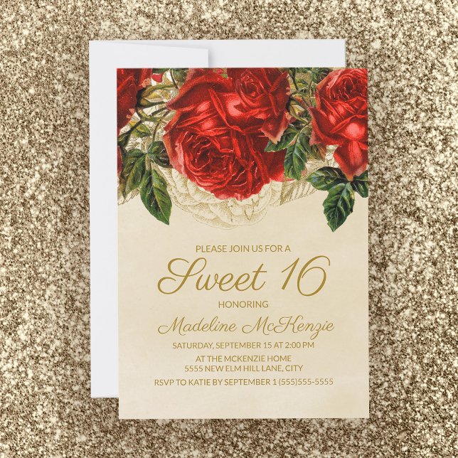 Elegant Red Roses Tan Sweet 16 Birthday  Invitation (Creator Uploaded)