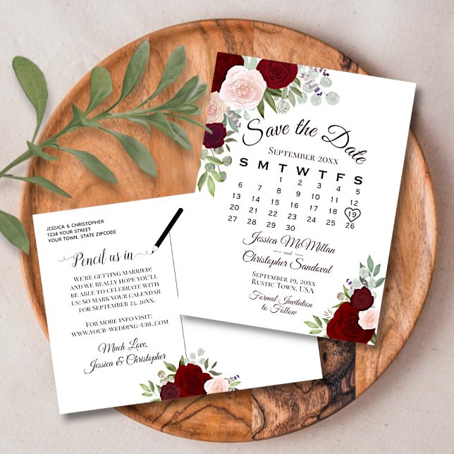 Elegant Red Roses Wedding Save the Date Calendar Announcement Postcard (Creator Uploaded)