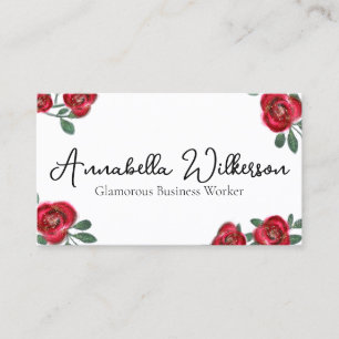 Elegant Red Roses with Gold Glitter on White Business Card