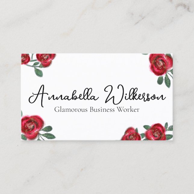 Elegant Red Roses with Gold Glitter on White Business Card (Front)