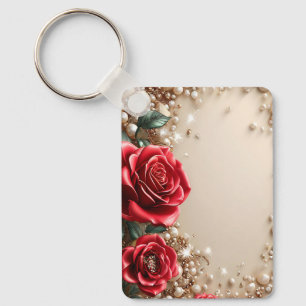 Elegant Red Roses With Golden Ornaments Key Ring