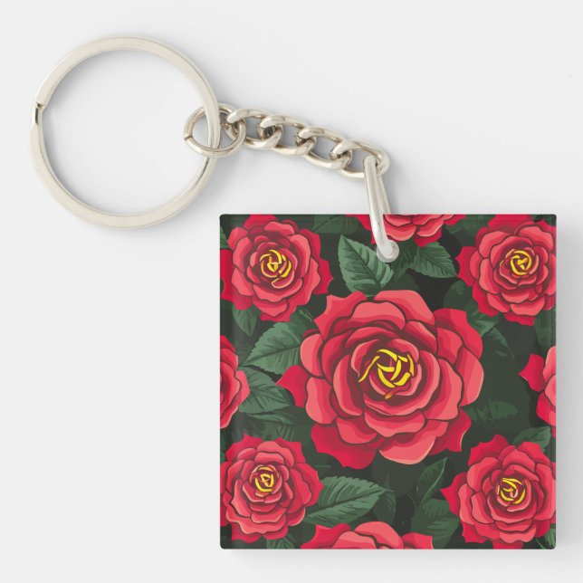 Elegant Red Roses with Lush Green Leaves Pattern Key Ring (Front)