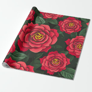 Elegant Red Roses with Lush Green Leaves Pattern Wrapping Paper