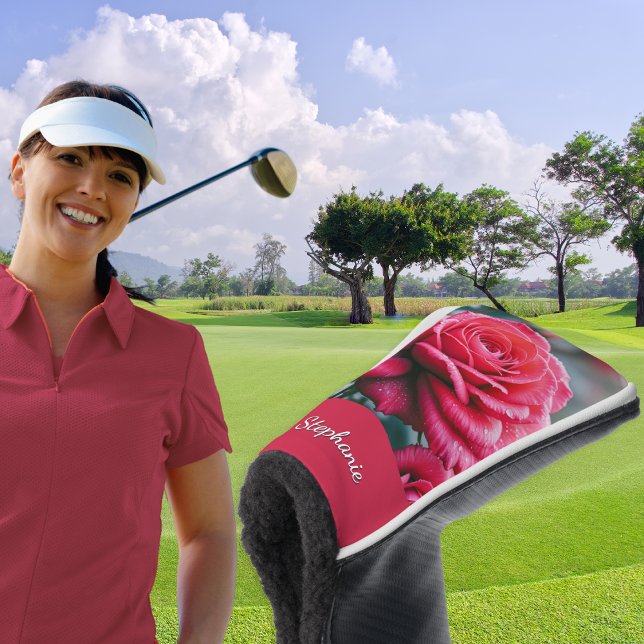 Elegant Red Roses with Raindrops Floral Golf Head Cover (An elegant golf head cover with red roses design, personalized with a name in script typography)