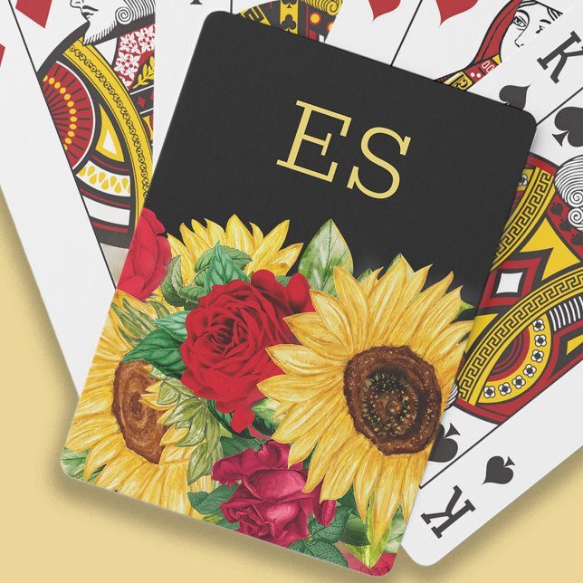 Elegant Red Roses Yellow Sunflowers Black Monogram Playing Cards (Monogrammed playing cards with sunflowers and red roses on black)