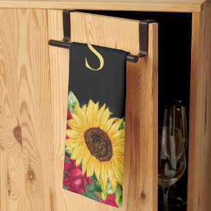 Elegant Red Roses Yellow Sunflowers Black Monogram Tea Towel