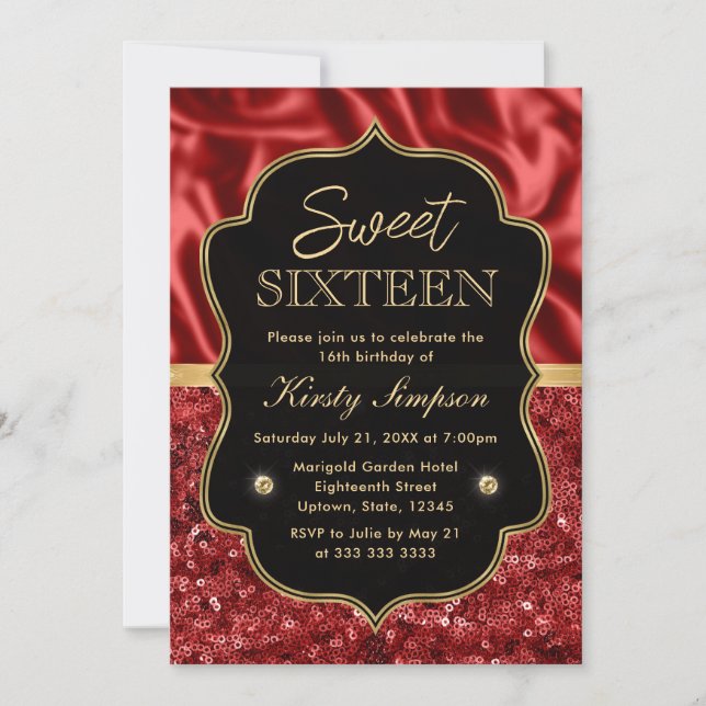 Elegant Red Satin & Glitter Gold Frame Sweet 16 Invitation (Front)