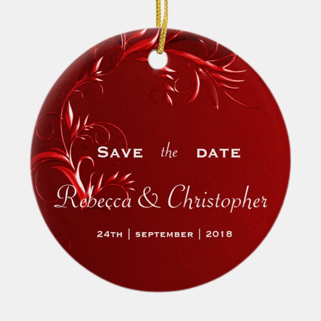 Elegant Red Save the Date Ceramic Ornament (Front)