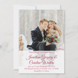 Elegant red script 2 photo winter wedding invitation