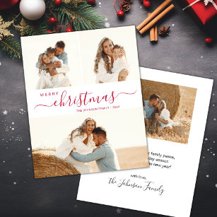 Elegant Red Script 3 Photo Christmas Holiday Card