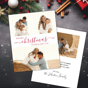 Elegant Red Script 3 Photo Christmas Holiday Card