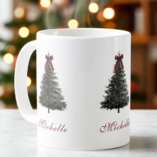 Elegant Red Script Bow Watercolor Christmas Tree  Coffee Mug