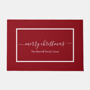 Elegant red script family name merry christmas doormat