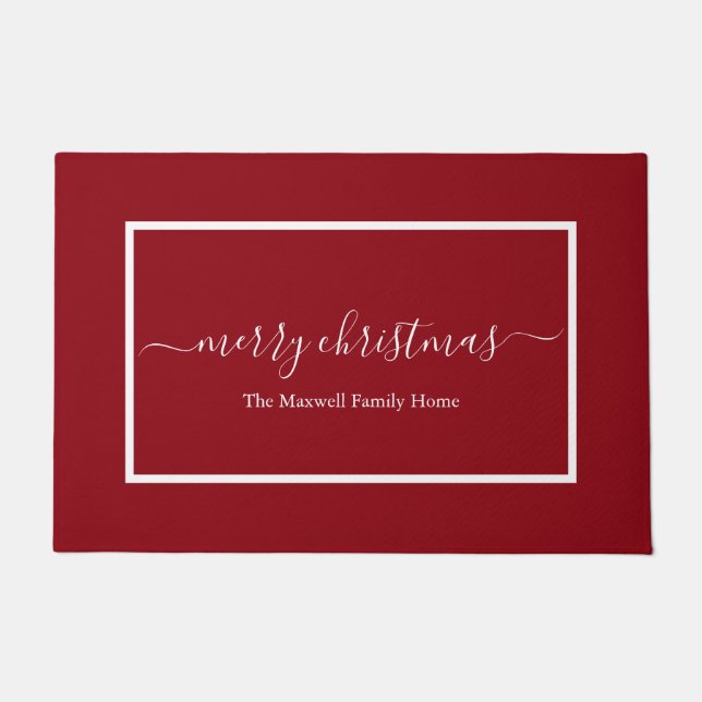Elegant red script family name merry christmas doormat (Front)