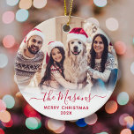 Elegant Red Script Family Photo Merry Christmas   Ceramic Ornament<br><div class="desc">Elegant Modern Red Hand Lettered Script "Family Name" Merry Christmas Photo Ornament. Features a family photo,  "family name" calligraphy text in handwritten script,  with Merry Christmas text and year photo overlay (in red and white). Easy to personalise it. Photo tip: crop your photo to square form before upload it.</div>