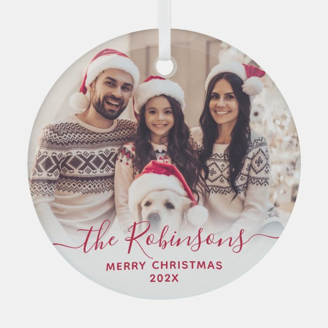 Elegant Red Script Family Photo Merry Christmas   Glass Tree Decoration (Front)