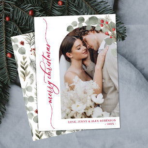 Elegant Red Script Foliage Photo Arch Christmas Holiday Card