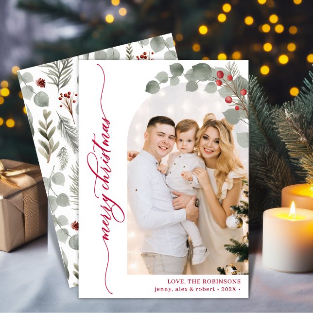 Elegant Red Script Foliage Photo Arch Christmas  Holiday Card (Creator Uploaded)