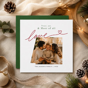Elegant Red Script Love Peace Joy Christmas photo Holiday Card