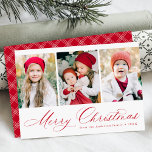 Elegant Red Script Merry Christmas 3 Photo Holiday Card<br><div class="desc">Simple Christmas card featuring three vertical photos with "Merry Christmas" displayed in a festive red calligraphy script. Personalise the front of the multi-photo Christmas card with your family name and the year. The card reverses to display a modern red and white plaid pattern.</div>