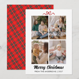Elegant Red Script Merry Christmas 4 Photo Collage Holiday Card