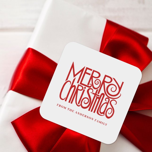 Elegant Red Script Merry Christmas Custom Square Sticker (Creator Uploaded)