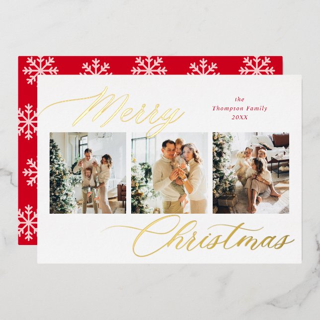 Elegant Red Script Merry Christmas Photo Collage Foil Holiday Card (Front/Back)