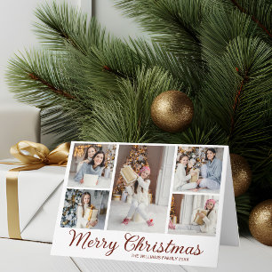 Elegant Red Script Merry Christmas Photo Collage Holiday Card
