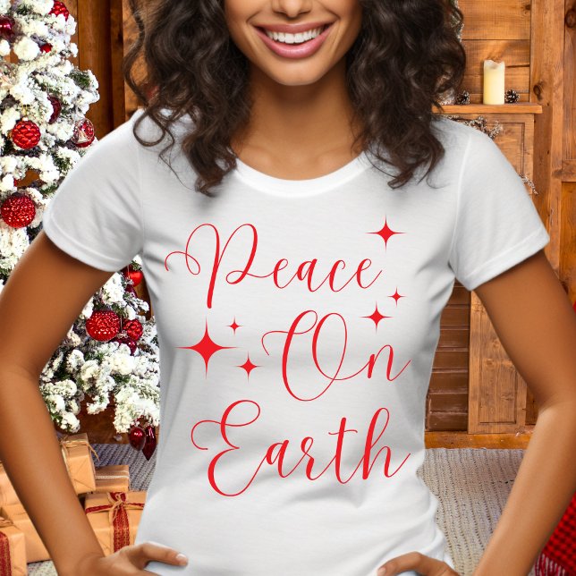 Elegant Red Script Peace On Earth Merry Christmas  T-Shirt (Creator Uploaded)
