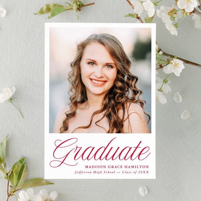 Elegant Red Script Photo Graduation Announcement (Creator Uploaded)