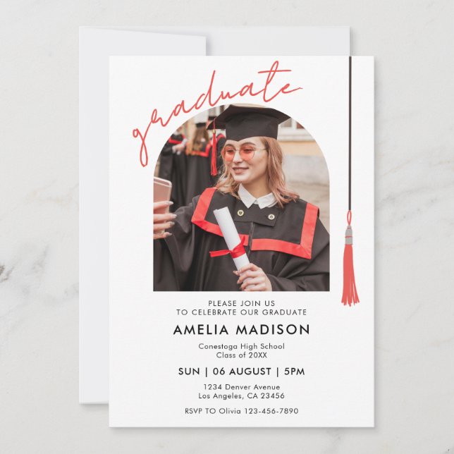 Elegant Red Script Photo Graduation Invitation (Front)