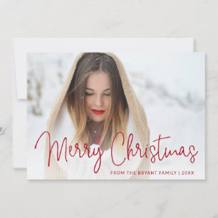 Elegant Red Script Photo Merry Christmas Holiday Card