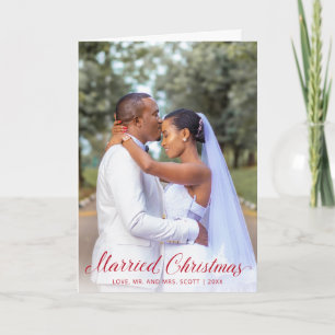 Elegant Red Script Photo Modern Newylwed Christmas Holiday Card