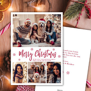 Elegant Red Script Snowflake 4 Photo Christmas  Holiday Card