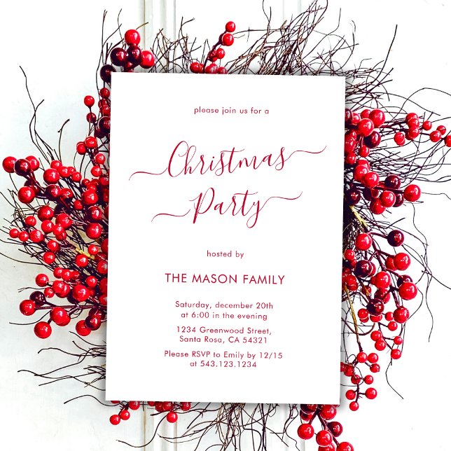 Elegant Red Script White Holiday Christmas Party Invitation (Creator Uploaded)