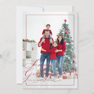 Elegant Red side script Seasons Greetings photo Holiday Card